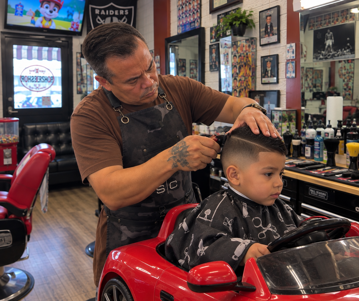 Kid-friendly barber chair at R&C Barbershop