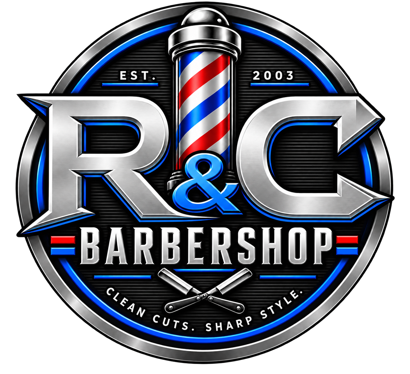 R&C Barbershop Chrome Badge Logo