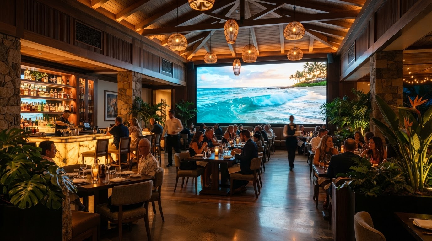 Hawaii's Finest Poke interior with glowing 3D LED video wall