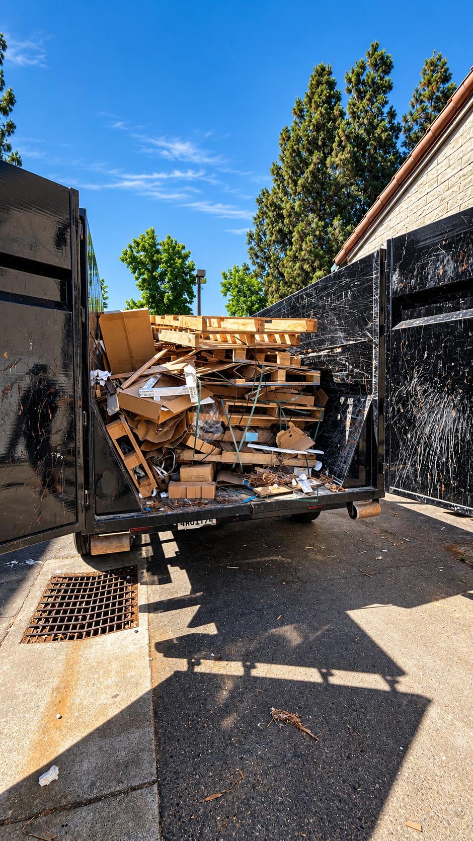 Drop And Load roll-off dumpster trailer loaded with broken wooden pallets and cardboard boxes