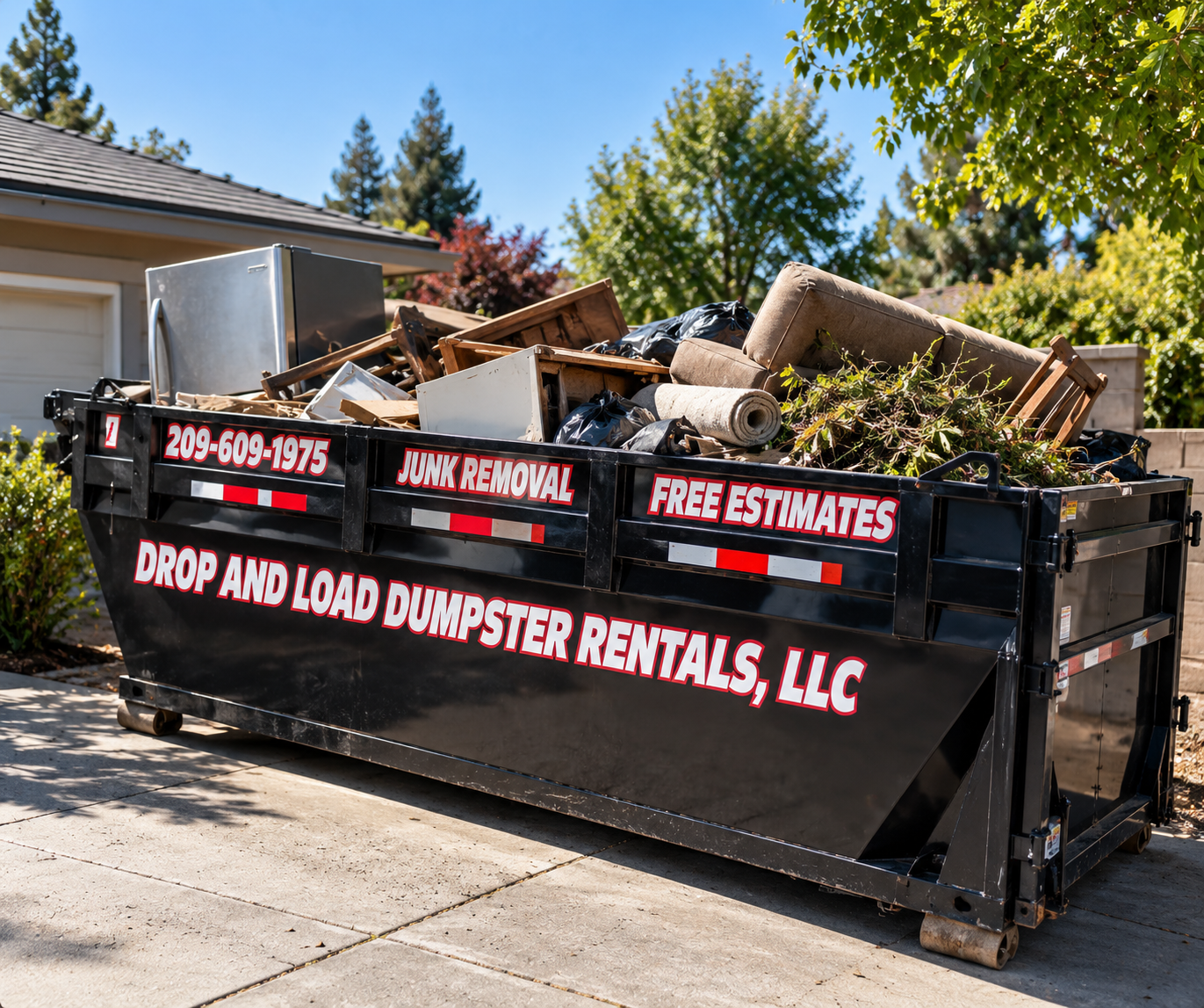 Drop And Load roll-off dumpster loaded with furniture, couch, carpet, and yard debris in driveway