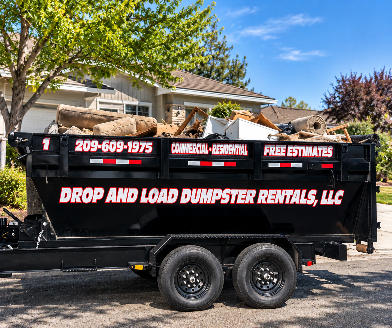 Drop And Load roll-off dumpster trailer loaded with furniture and residential cleanout debris in front of home