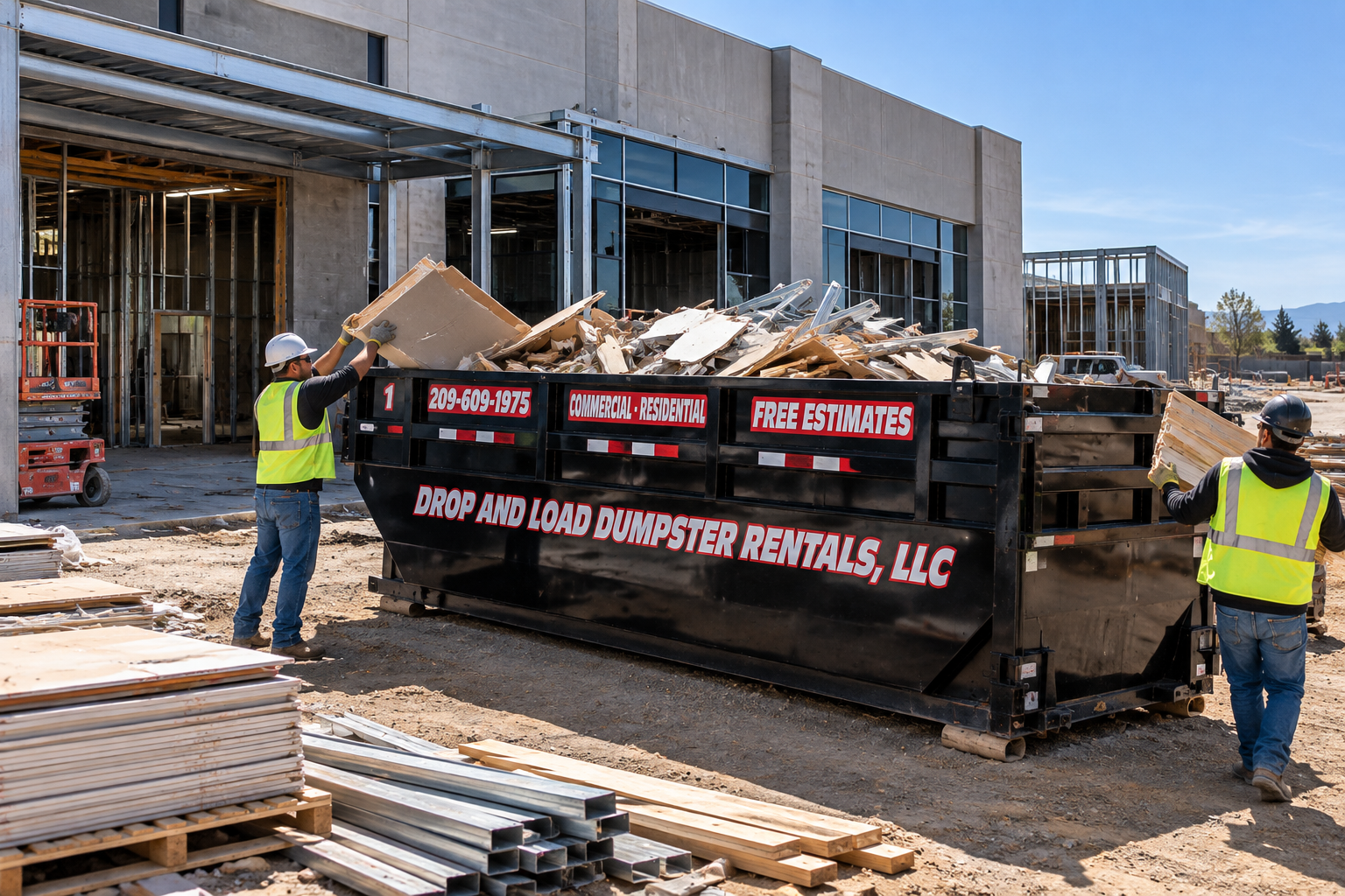Workers loading construction and renovation debris into Drop And Load commercial roll-off dumpster