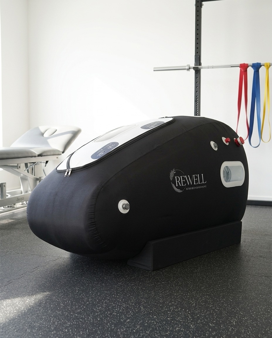 Hyperbaric oxygen chamber close up showing the interior seat and zip