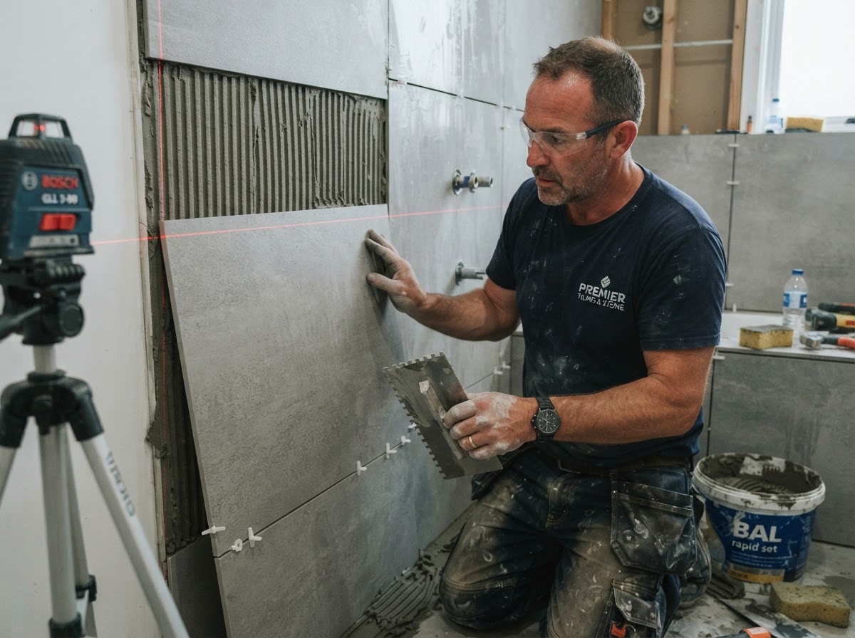 A professional tradesman tiling a bathroom wall with a laser level and notched trowel