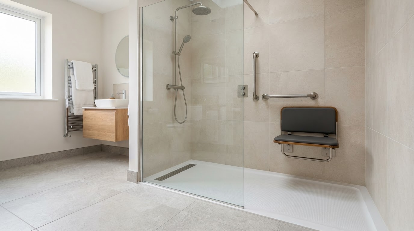A level-access walk-in shower adaptation with fold-down padded shower seat and grab rails