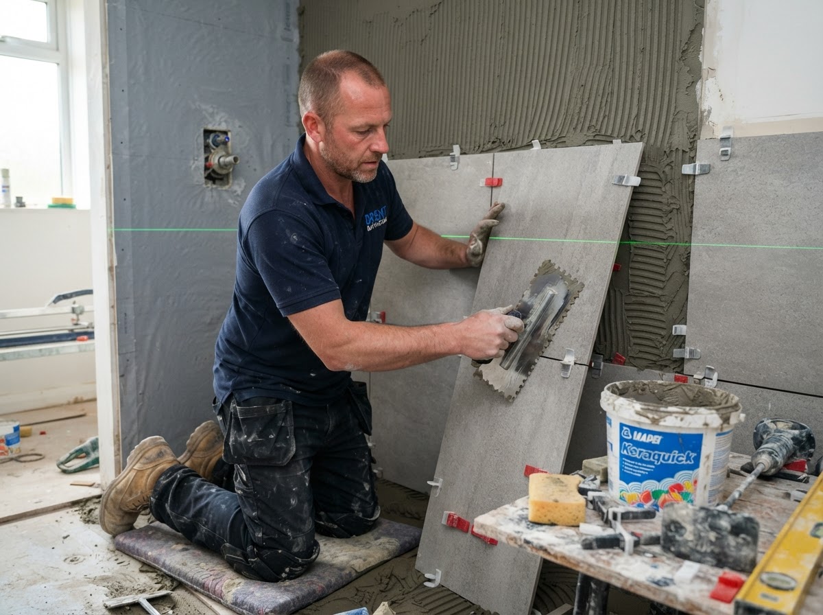 A professional tiler fixing large-format porcelain tiles to a shower wall with a laser level
