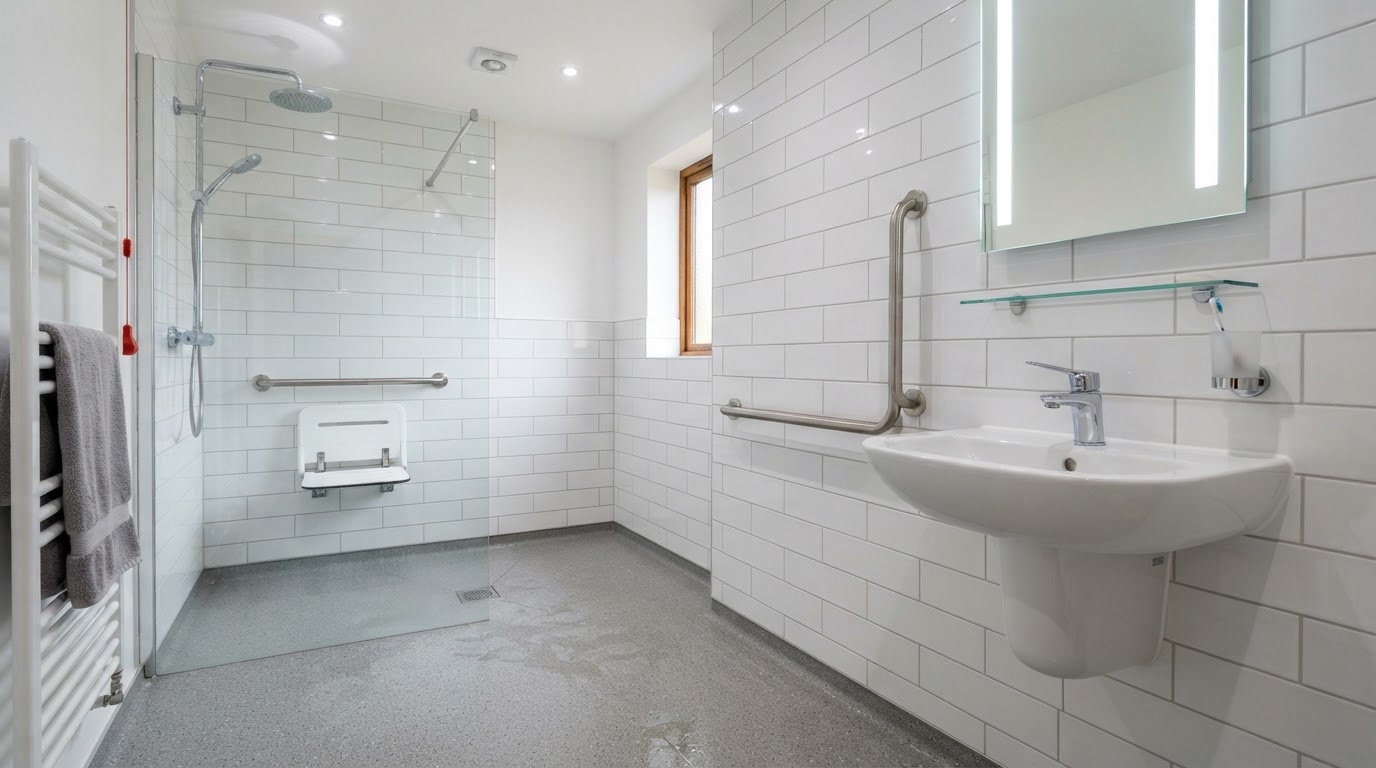 A level-access wet room adaptation with wall-hung basin, stainless steel grab rails and slip-resistant floor