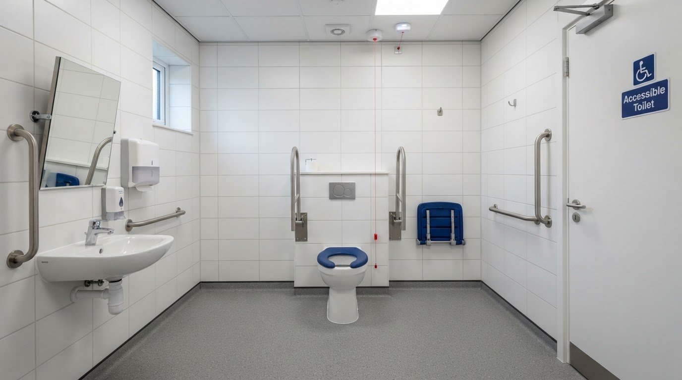 A modern disabled toilet adaptation with raised-height WC pan, support arms and non-slip floor