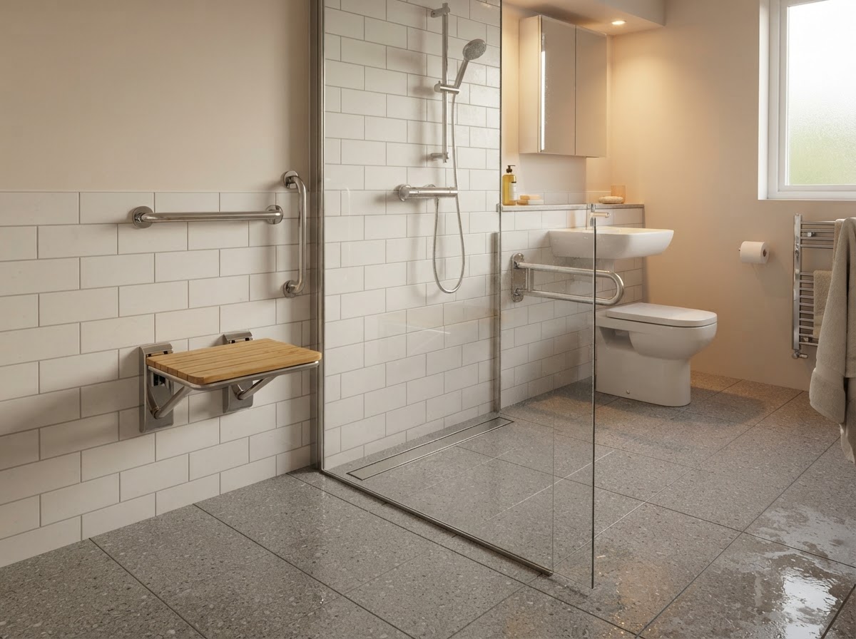 A completed accessible wet room with frameless glass, slip-rated floor and grab rail