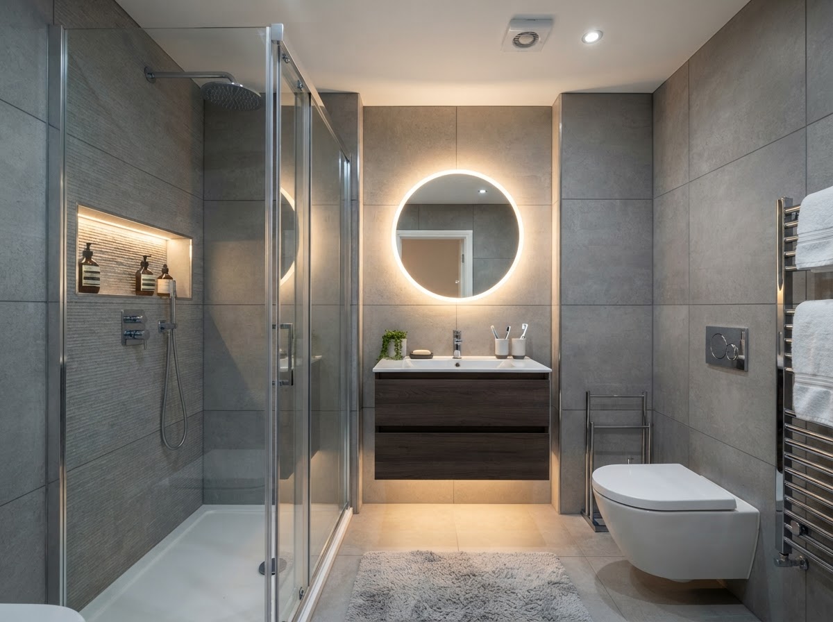 A completed compact ensuite with frameless glass, wall-hung vanity and backlit mirror