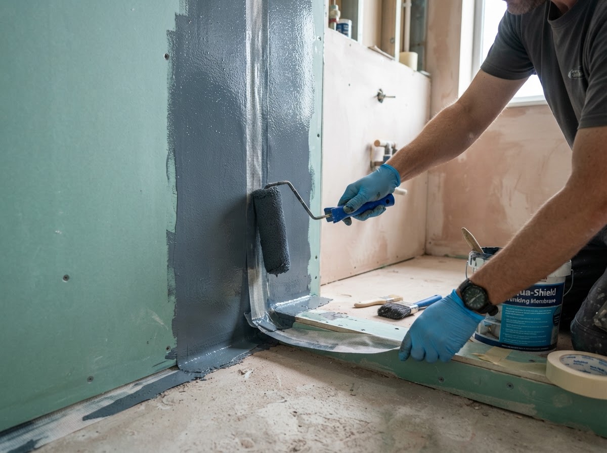 A tradesman applying liquid tanking membrane to a shower floor and walls