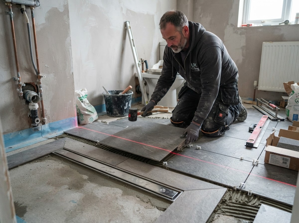 A tiler fixing large-format porcelain tiles to a wet room floor with a laser level