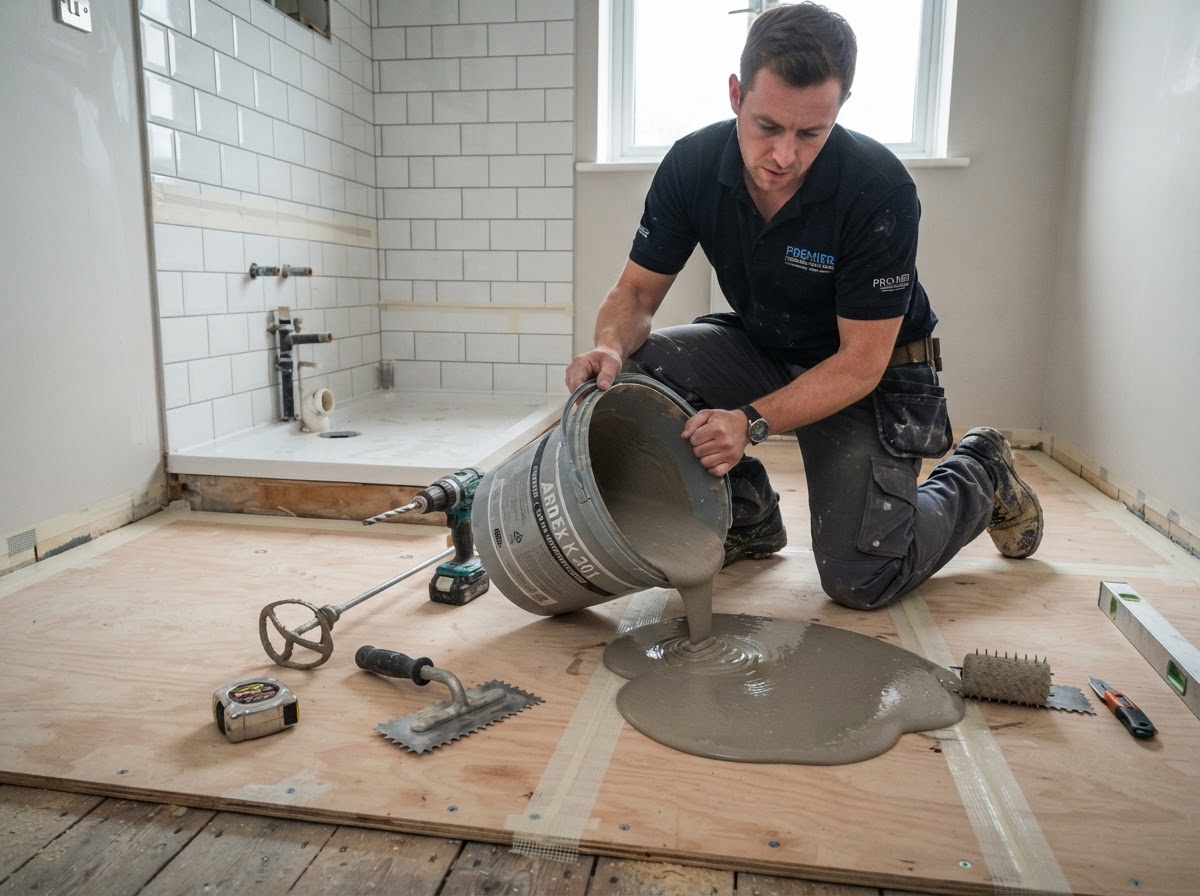 A floor installer pouring self-levelling smoothing compound and overboarding timber subfloor with plywood