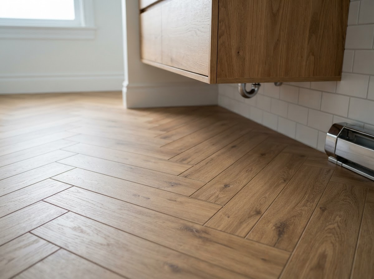 A luxury vinyl tile (LVT) herringbone floor installed in a modern bathroom with floating oak vanity