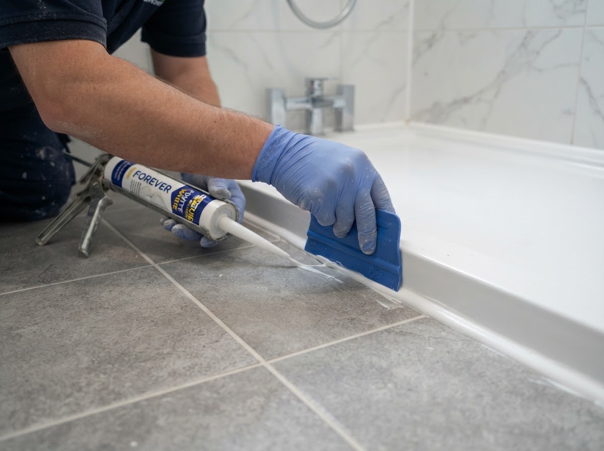 A tiler applying anti-mould sanitary silicone around the base of a modern bathroom floor