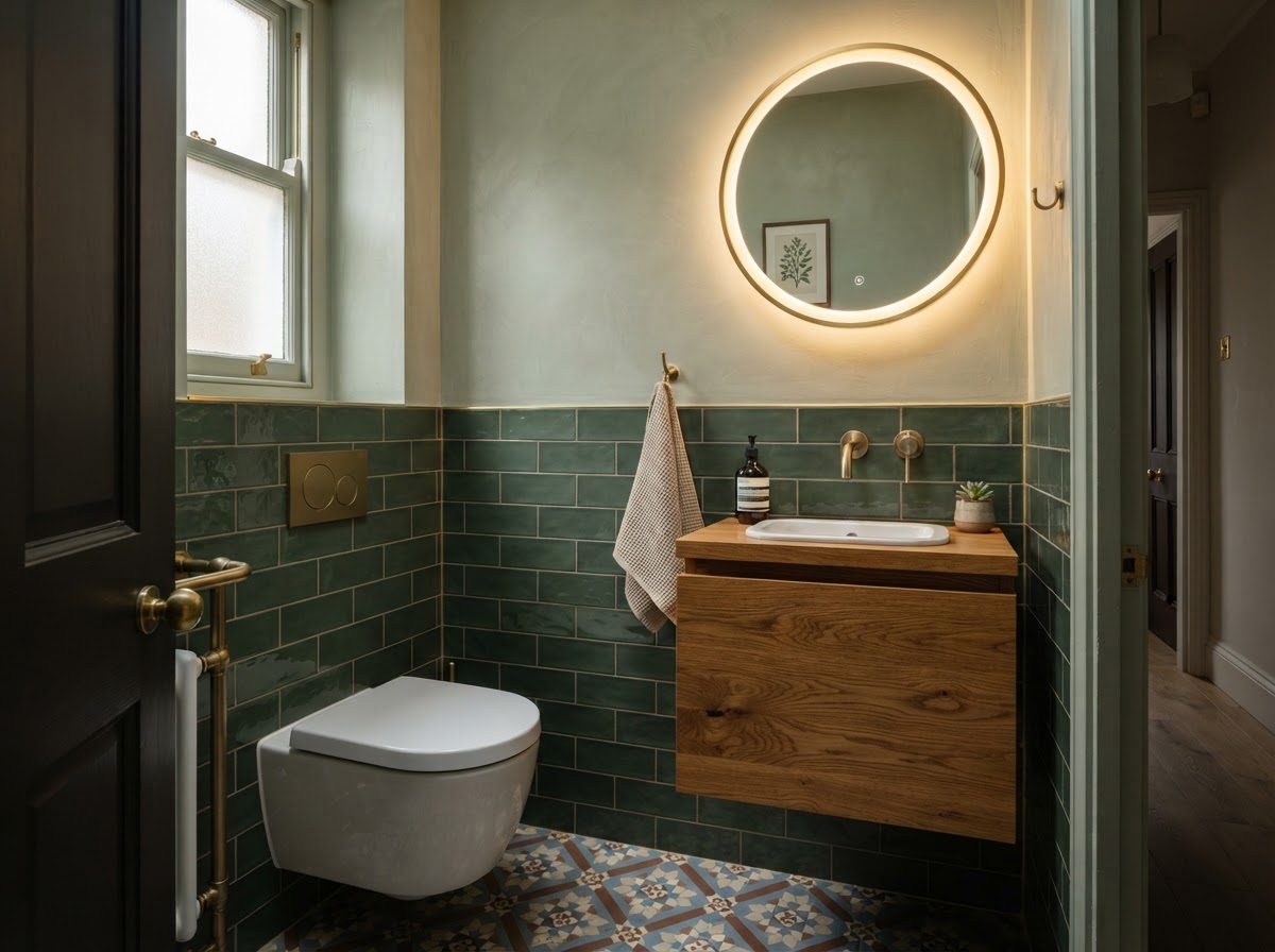 A completed modern downstairs toilet with wall-hung WC, floating oak vanity and backlit mirror