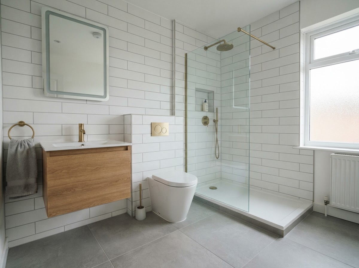 A freshly completed family bathroom with wall-mounted vanity and brushed brass fittings