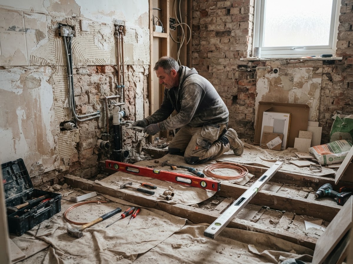 A bathroom mid-refurbishment stripped back to bare walls and floor joists