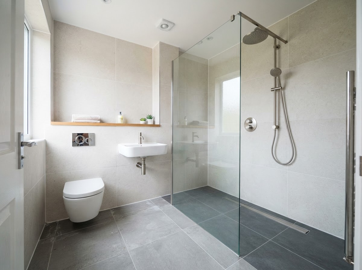 A just-finished walk-in wet room with linear drain and frameless glass screen