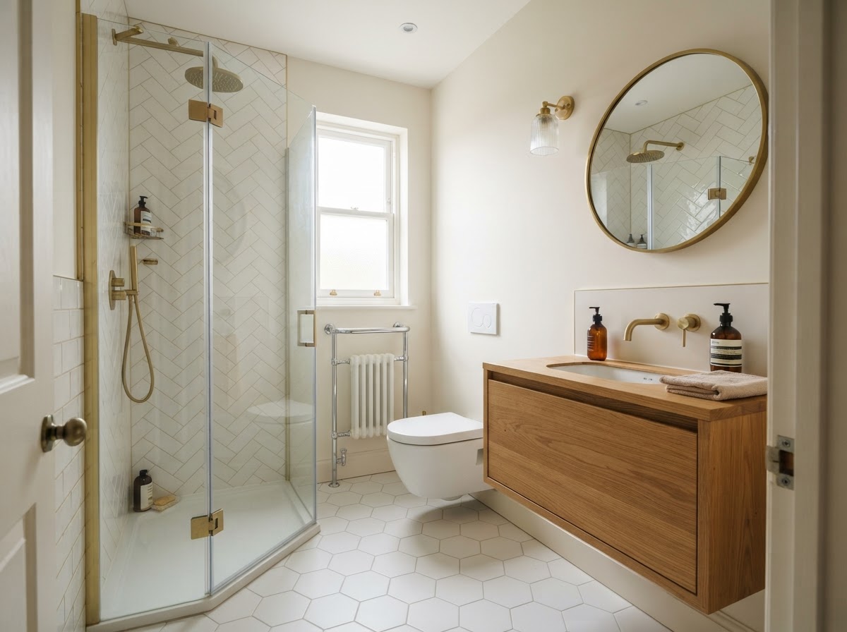 A compact refurbished ensuite with walk-in shower and hexagon floor tiles