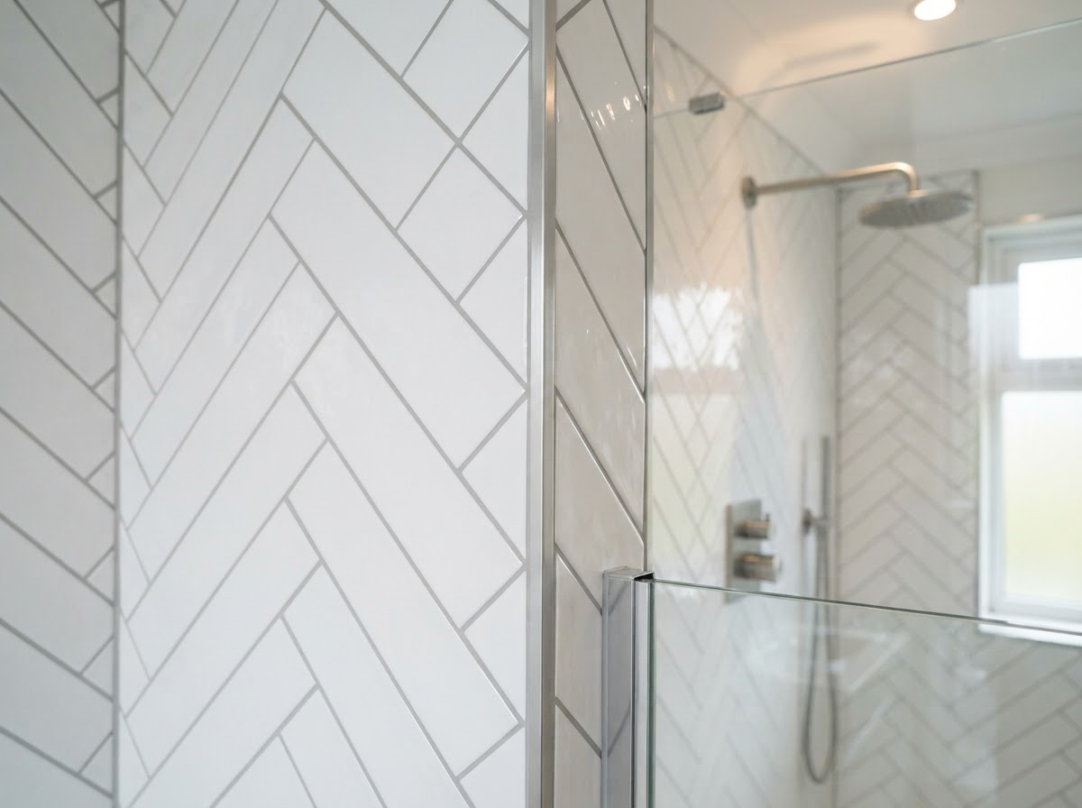 Precision herringbone wall tiling with immaculate grout lines and mitred chrome trim