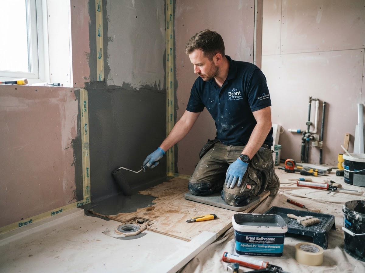 A tradesman applying liquid tanking membrane to a shower floor and walls