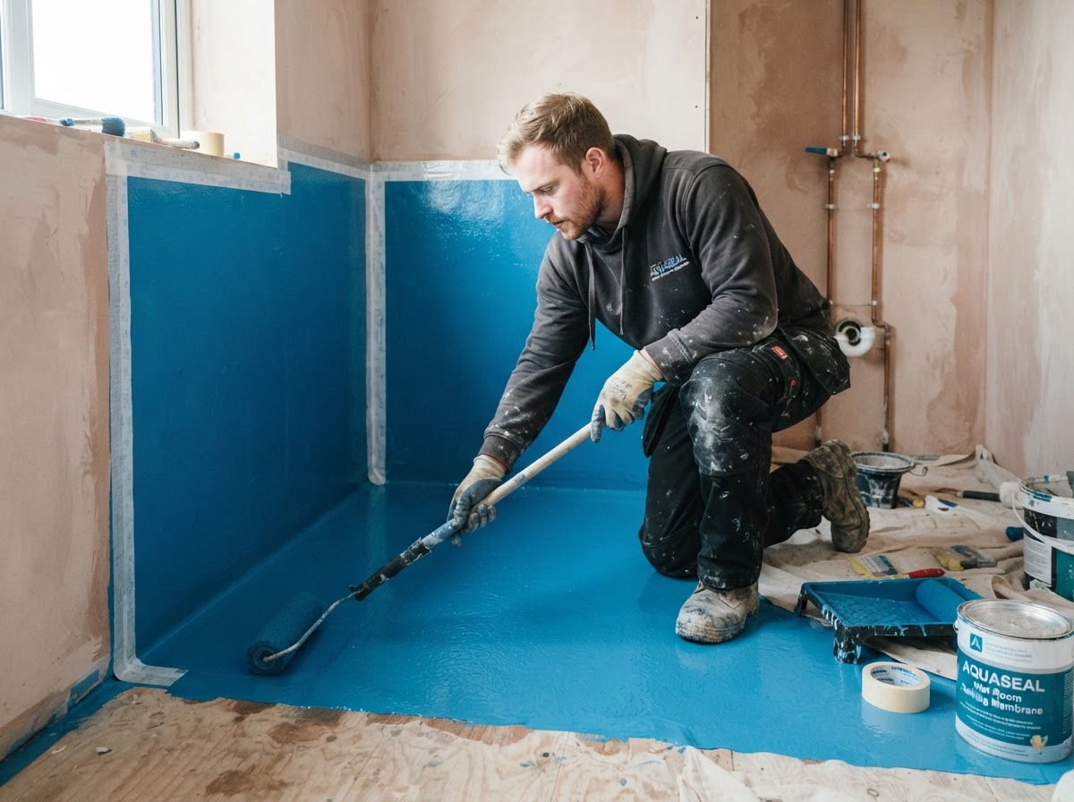A tradesman applying liquid tanking membrane across a wet room floor and lower walls