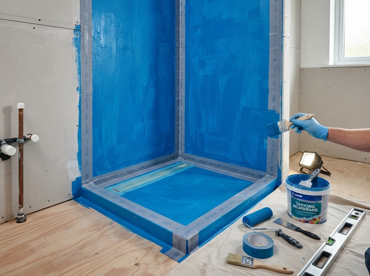 Bathroom shower area substrate being prepared with blue liquid tanking membrane