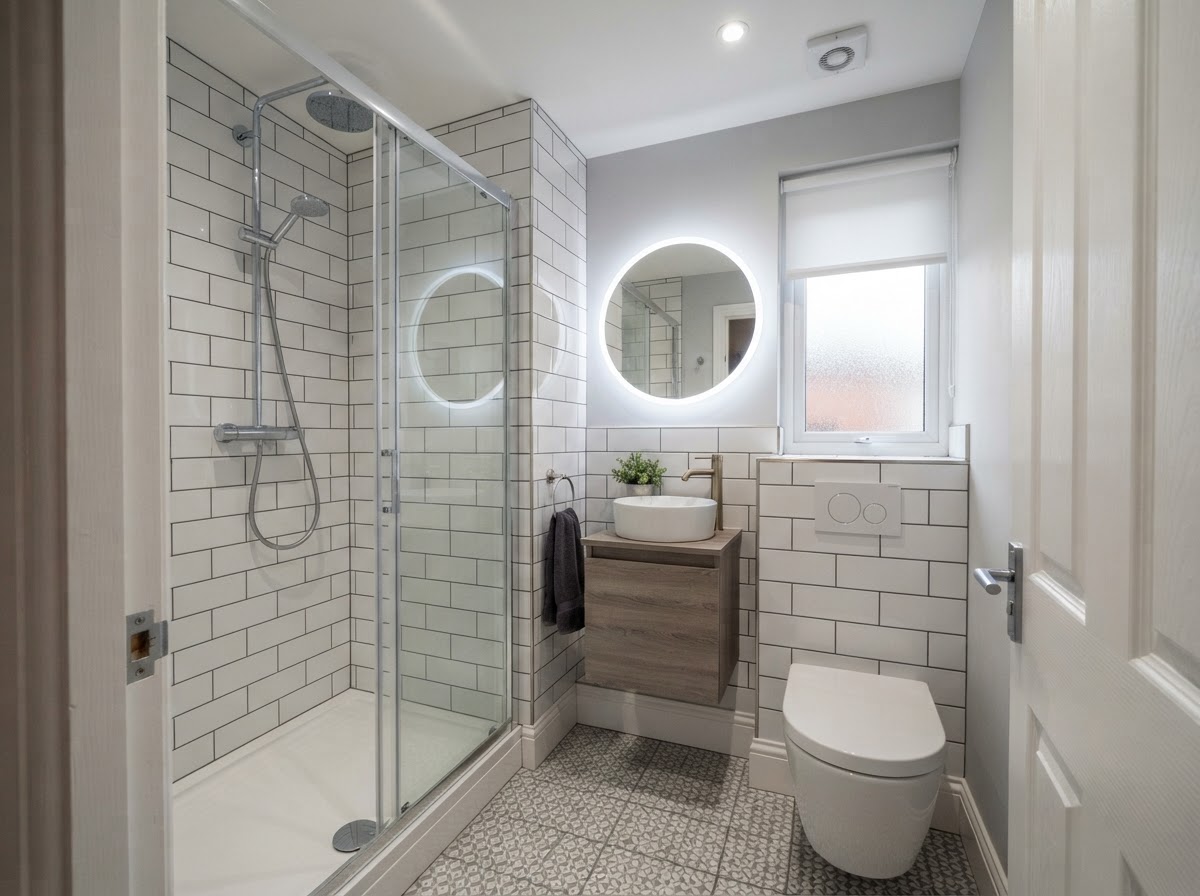 A compact en-suite bathroom with corner shower and hexagon floor tiles