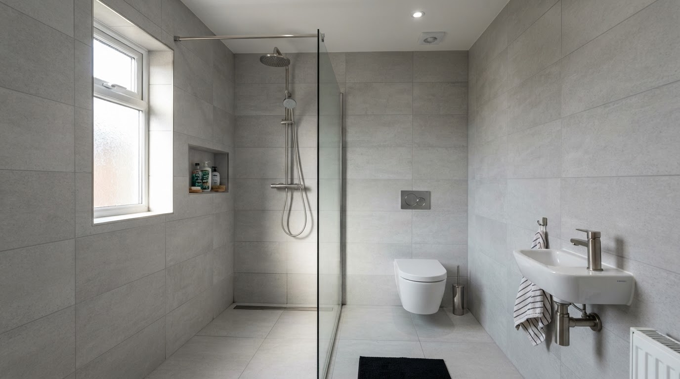 A just-finished level-access wet room with frameless glass and large-format tiles