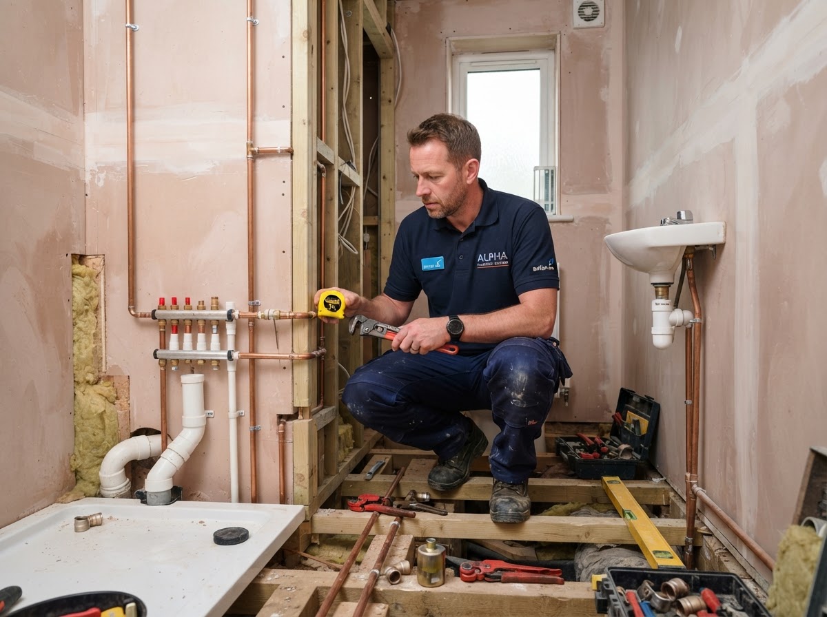 A plumber first-fixing pipework and waste runs in a compact ensuite bathroom