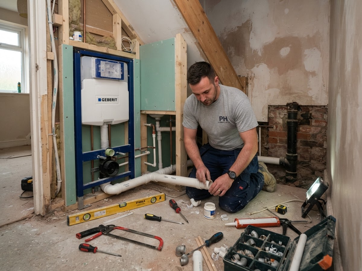 A plumber installing waste pipework and concealed WC frame for a downstairs cloakroom