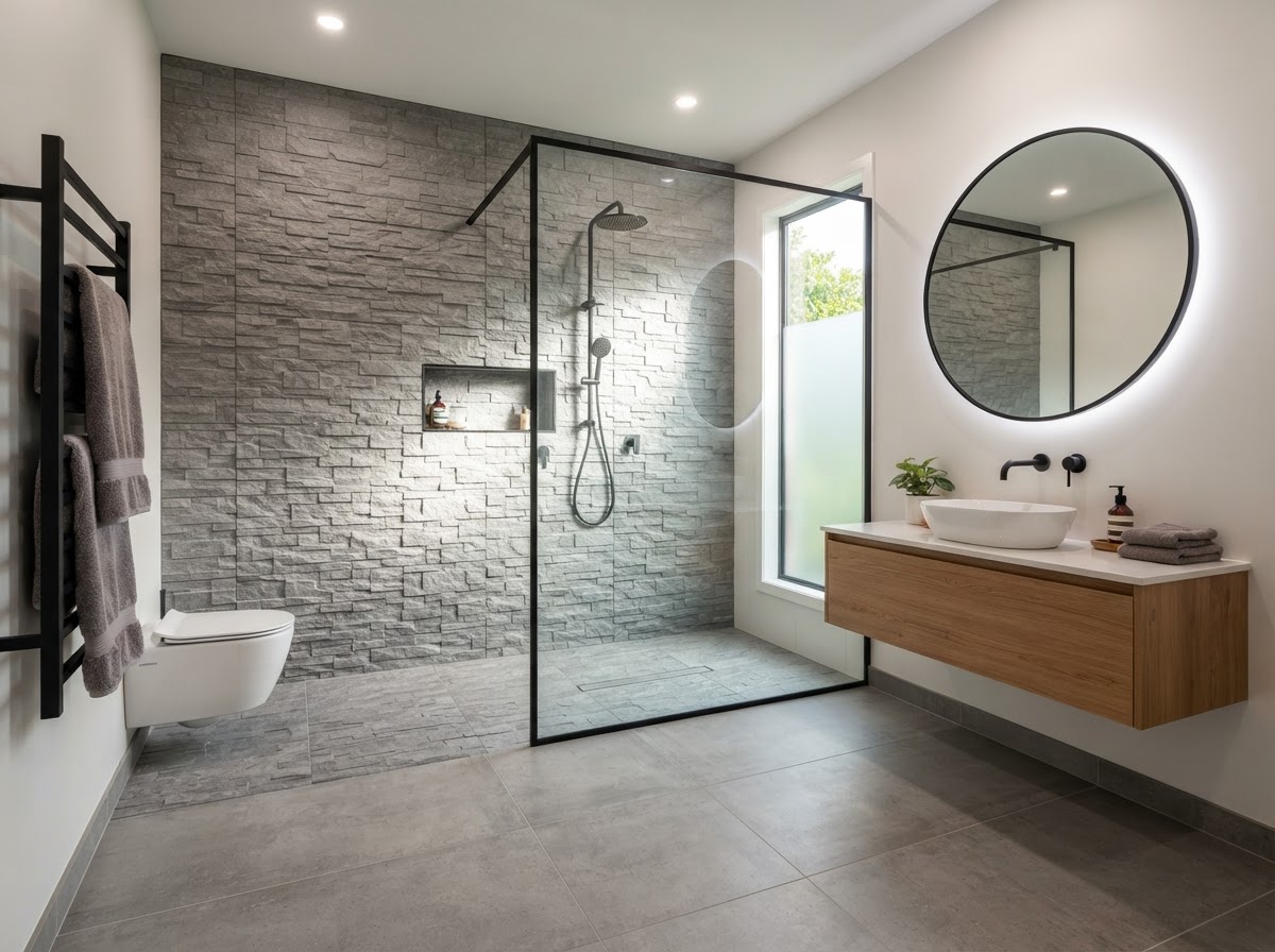 A finished modern bathroom featuring large format grey porcelain floor tiles and textured accent wall tiling