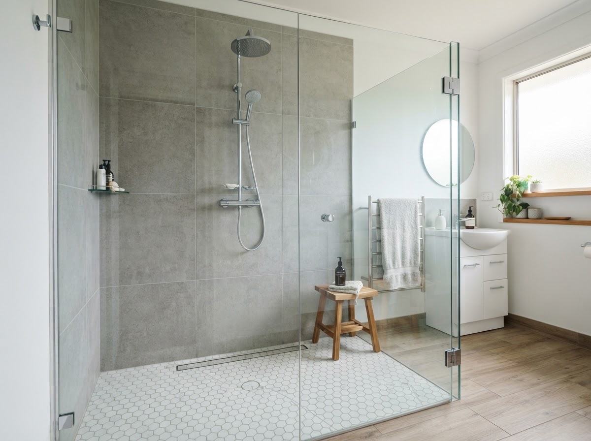 A completed walk-in shower with frameless glass, hexagon floor tiles and rainfall head