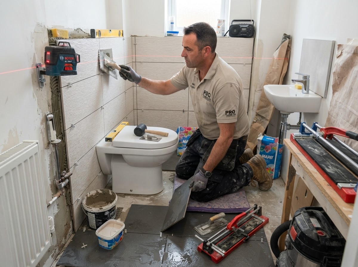 A tiler installing porcelain tiles and wall finishes in a compact downstairs toilet