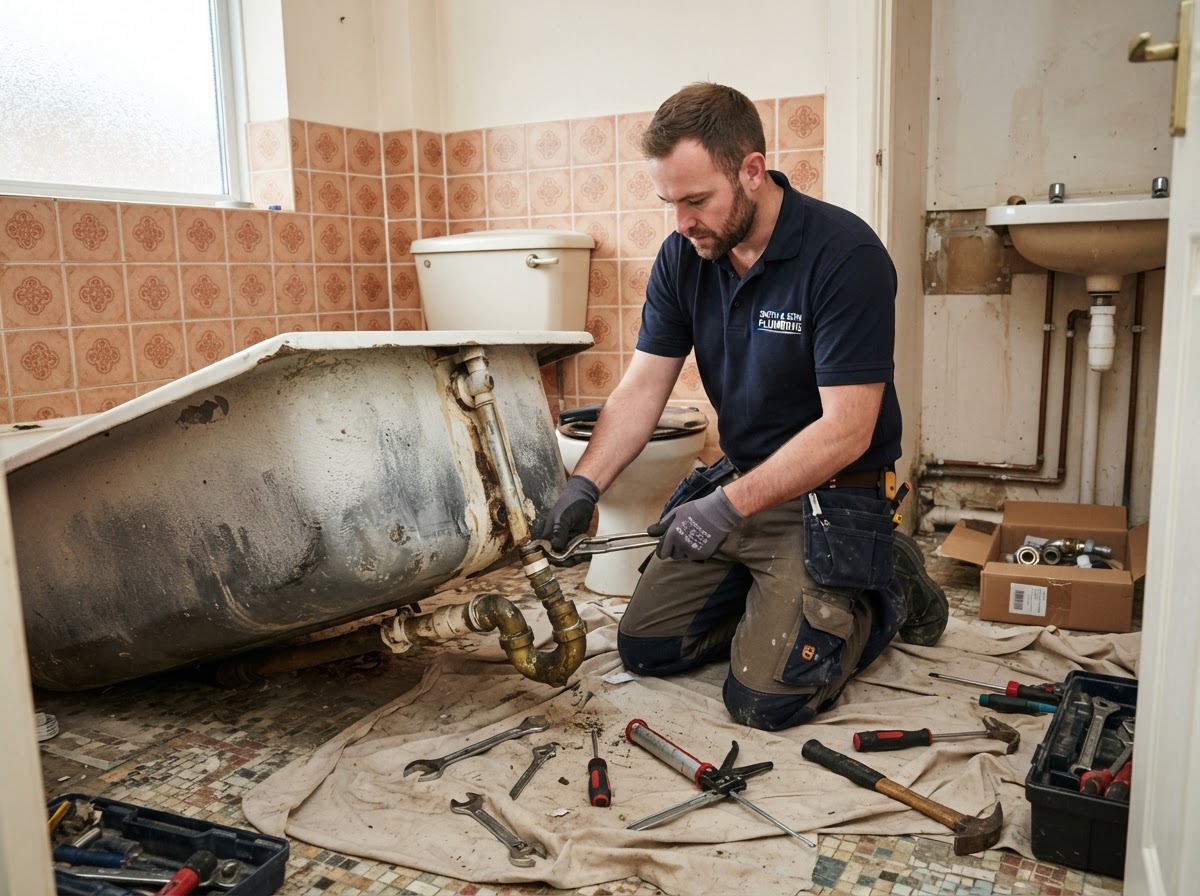A tradesman removing an old bath during a bathroom conversion