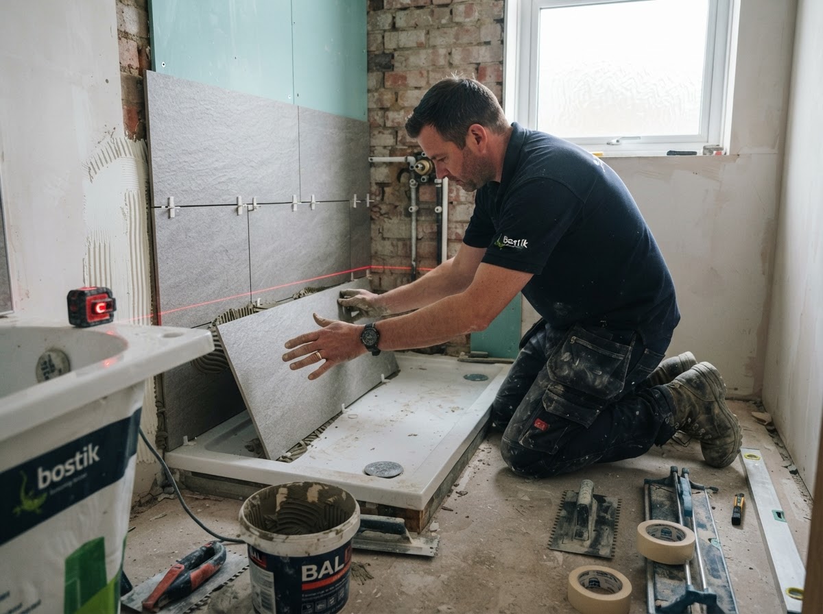 A tiler installing large-format porcelain tiles on an ensuite wall with a laser level