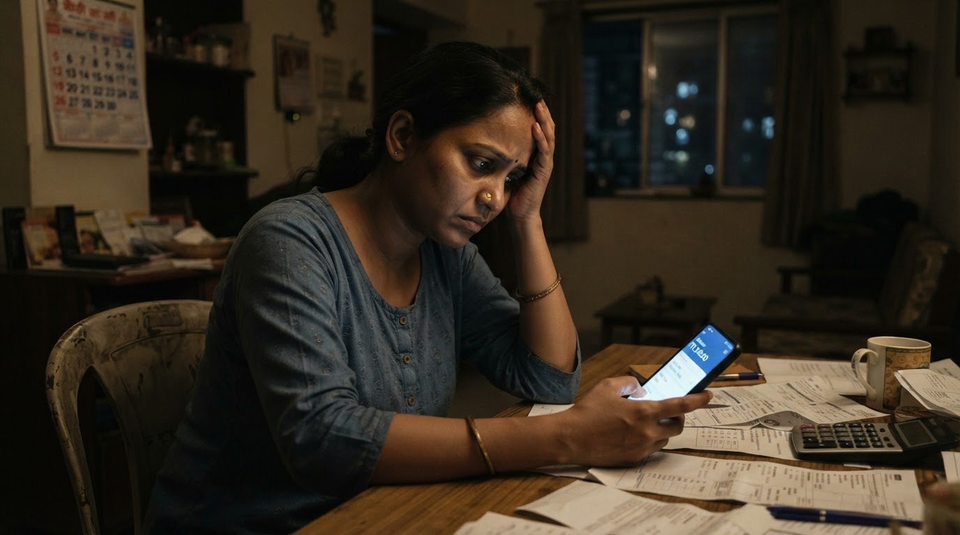 Before Swamini — stressed and uncertain woman at home