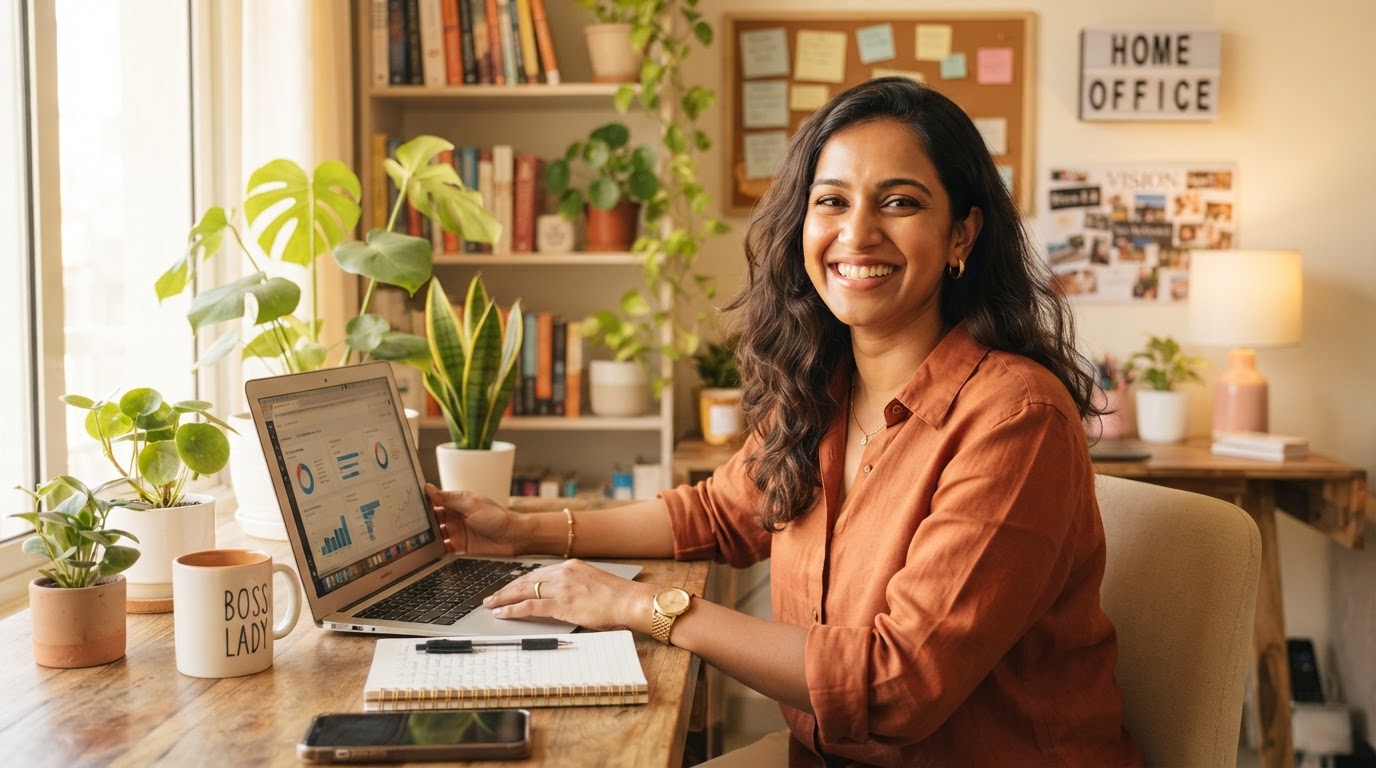 After Swamini — happy confident woman entrepreneur at home