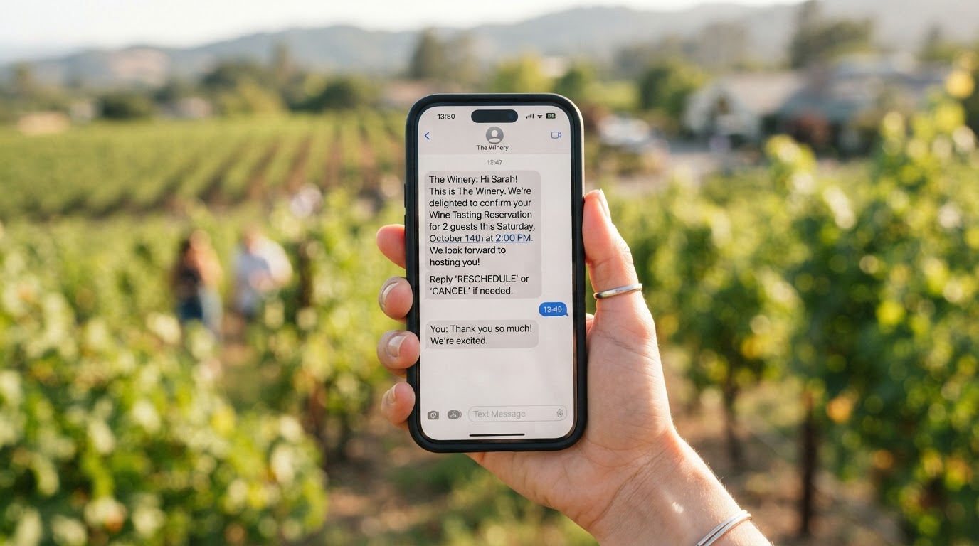 AI booking automation workflow: a tasting-room reservation confirmed by text