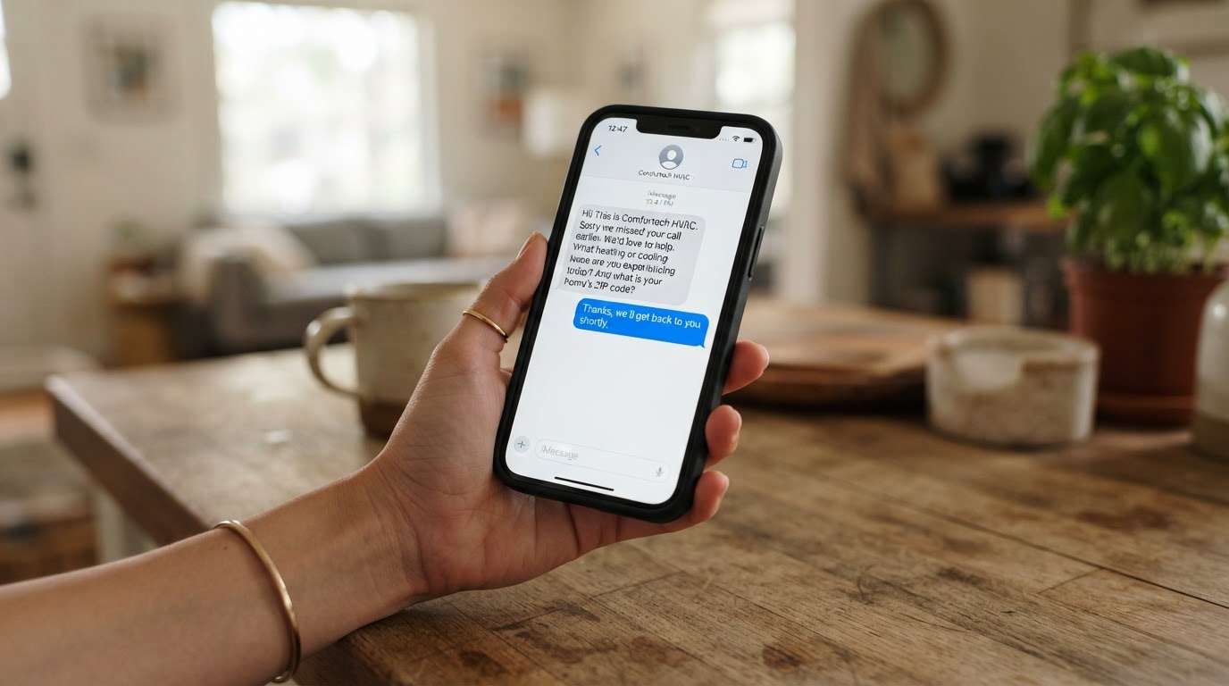 Automated SMS text-back message after a missed HVAC call