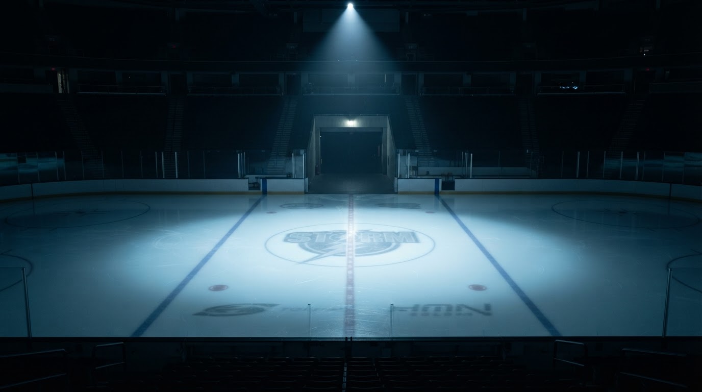 Empty illuminated hockey rink with arena tunnel leading to the ice