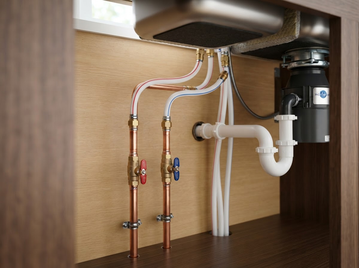 Close-up of residential copper and PEX pipe replacement