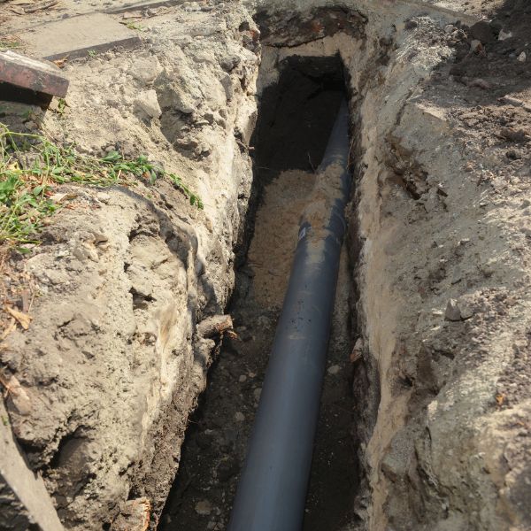 Excavated underground sewer line during installation