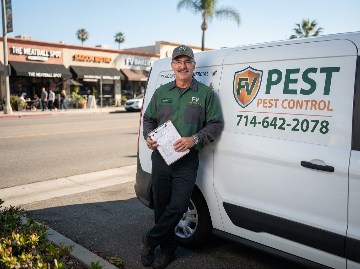 FV Pest Control owner in uniform and cap leaning on the branded service van with clipboard, restaurants in the Fountain Valley background