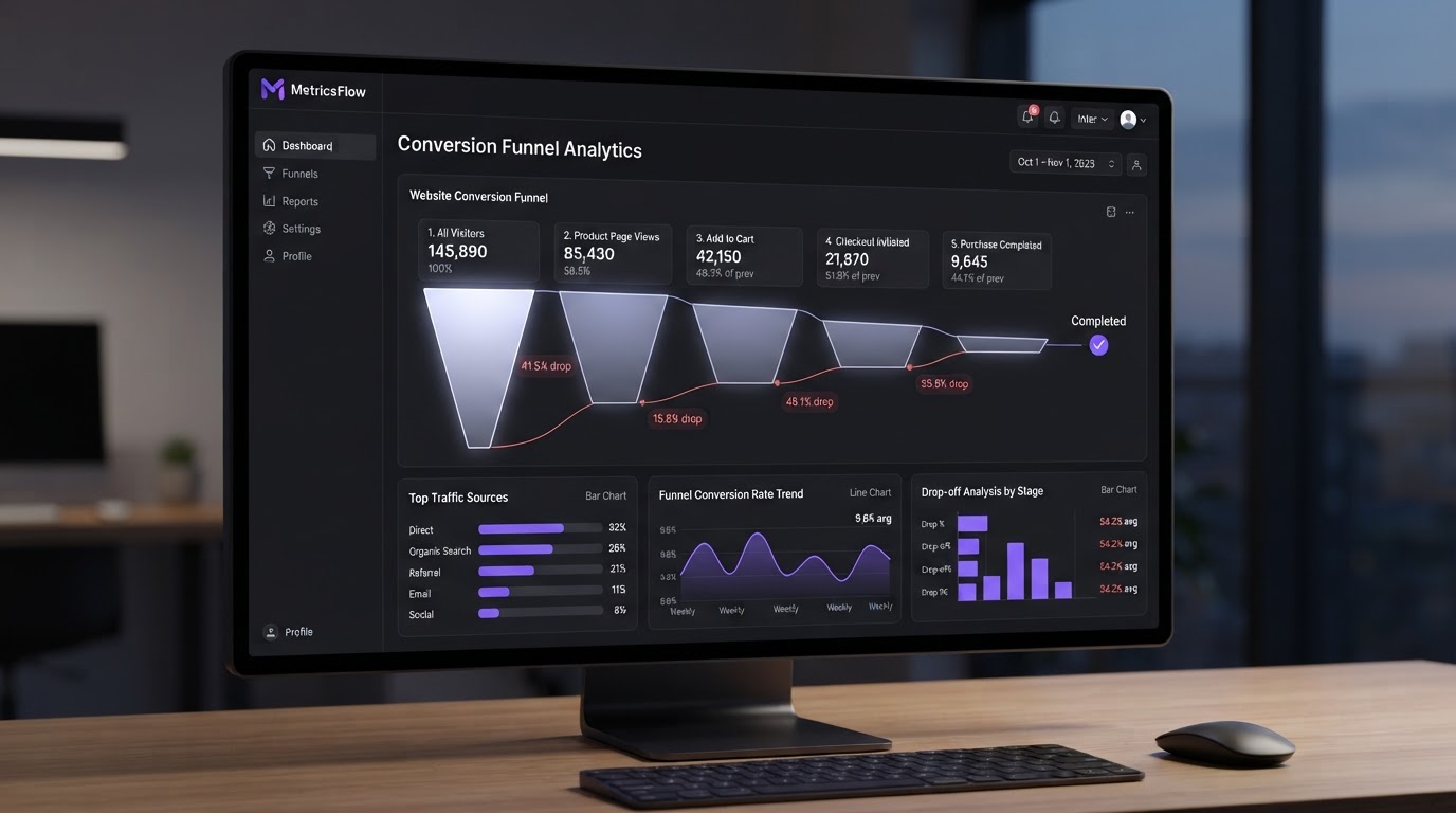 Website conversion rate optimization dashboard showing visitor to lead funnel