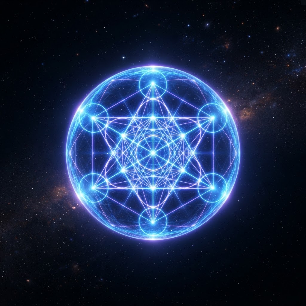 Glowing electric blue Metatron sacred geometry orb