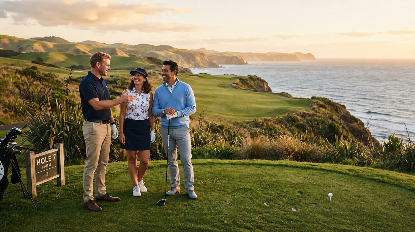 Three golfers on a coastal New Zealand golf course at golden hour