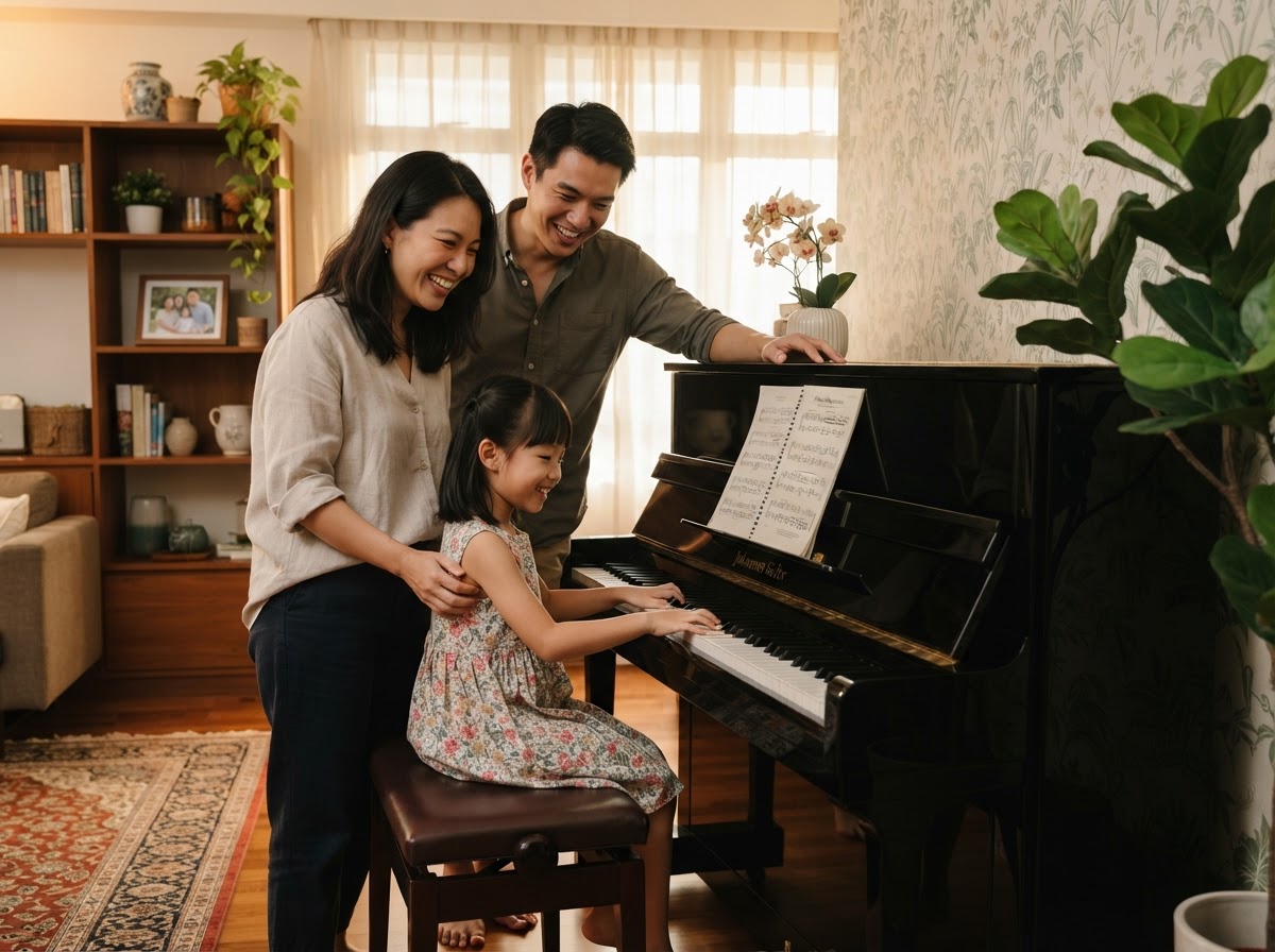 Asian family enjoying playing European piano together at home in Singapore